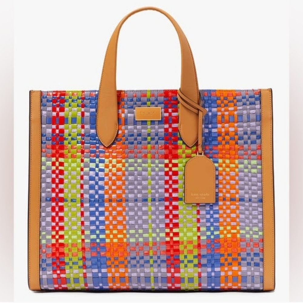 Kate Spade Manhattan Madras Plaid Woven Straw Large Tote